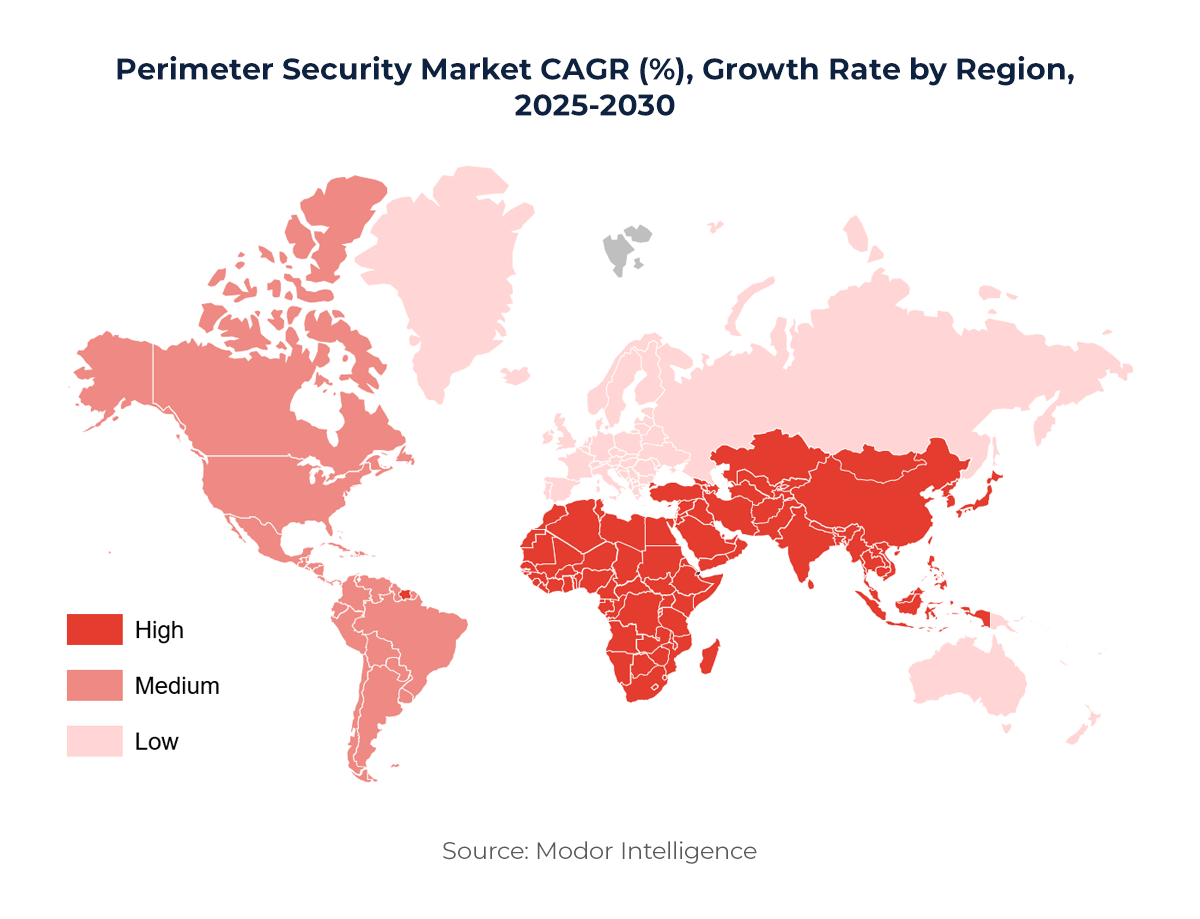 Graphic showing Perimeter Security Market CAGR (%), Growth Rate by Region, 2025-2030